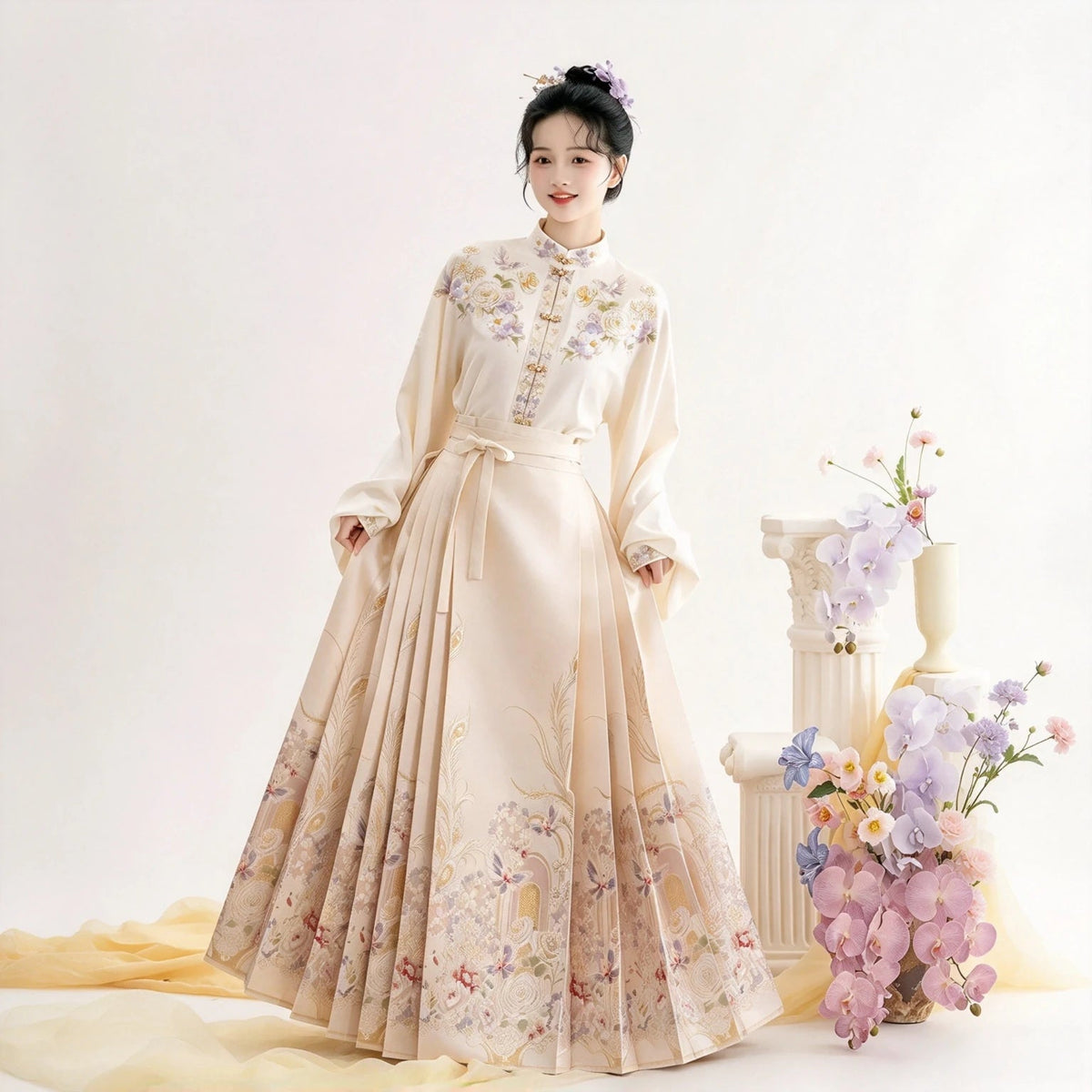 Cream and lavender Ming-style Hanfu and horse-face skirt