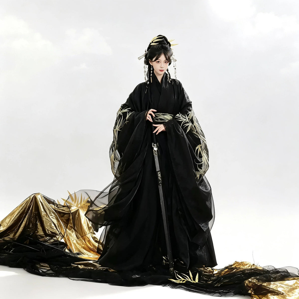 Black gold bamboo pattern Han-inspired Quju crossover robe