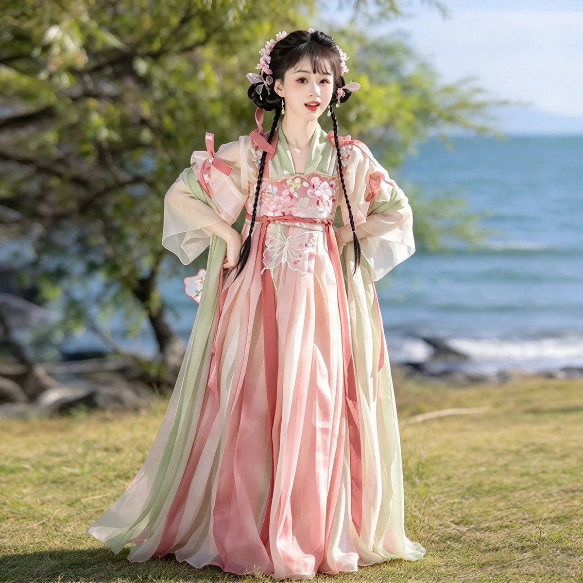 Pink and sage green high-waisted Tang-inspired Hanfu outfit