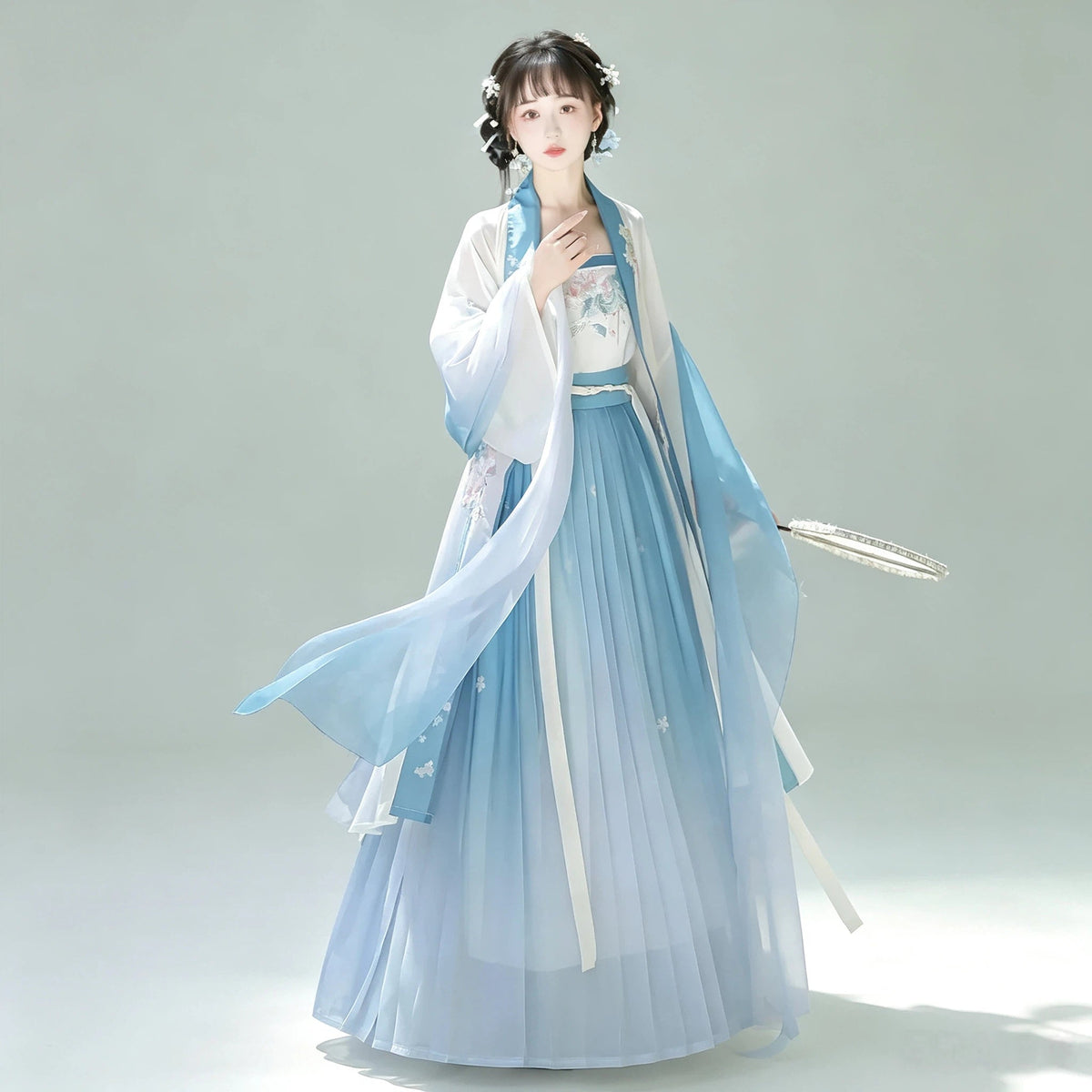 Layered blue and white Song-style Hanfu with Beizi, inner top and skirt