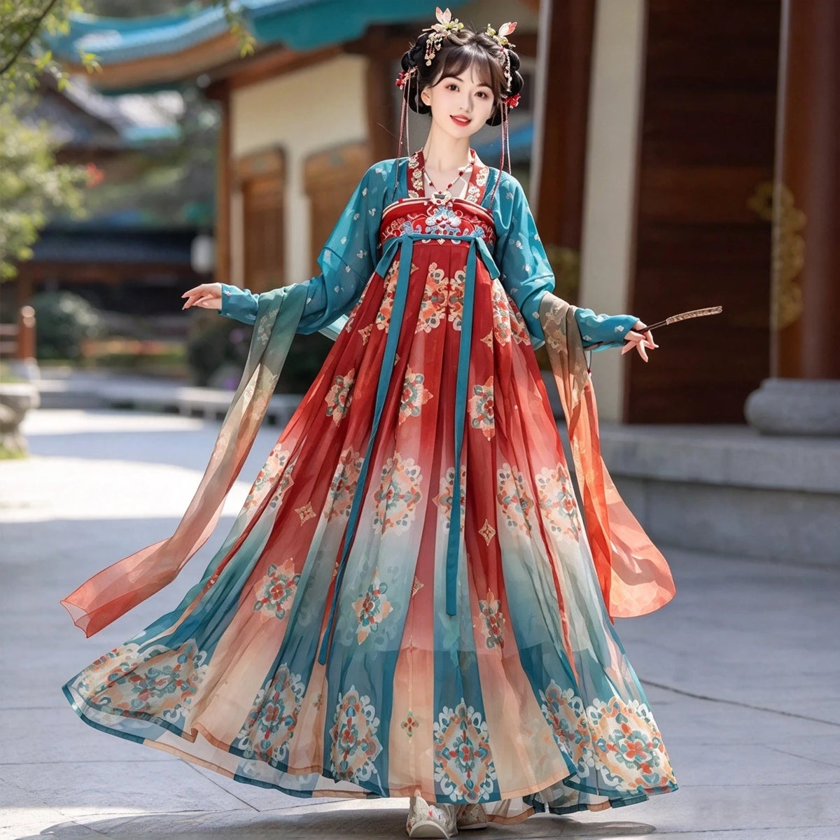 Teal blue and vermilion red chest-high Qixiong Ruqun Hanfu outfit