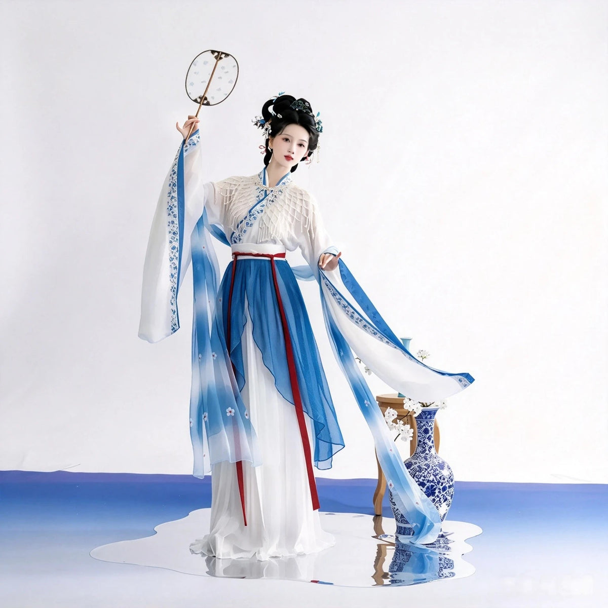 Blue and white Wei-Jin-inspired Hanfu with wide outer sleeves