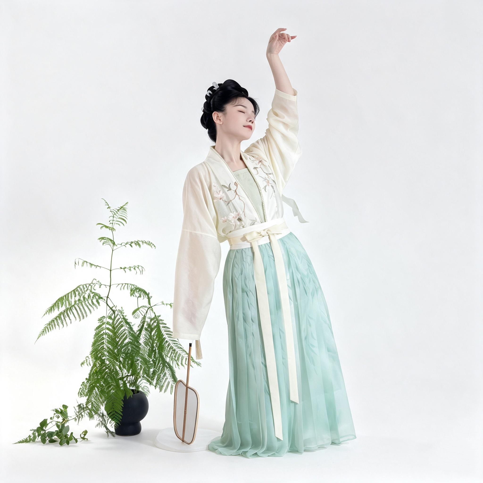 Song Dynasty White Green Hanfu - Pearl Trim Sheer Jacket & Mint Pleated Skirt Set, Ancient Chinese Outfit for Photoshoot & Tea Ceremony