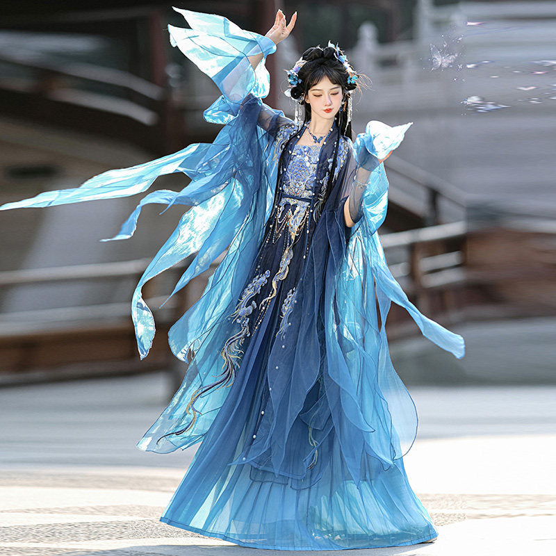 Song Dynasty Hanfu Dress Women - Gradient Blue Embroidered Traditional Chinese Clothing Flowy Elegant Long Gown