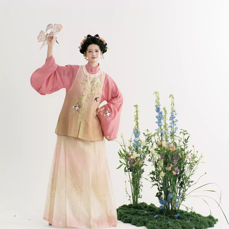 Ming Dynasty Hanfu Dress Women - Cherry Blossom Pink Apricot Embroidered Traditional Chinese Clothing Flowy Long Gown