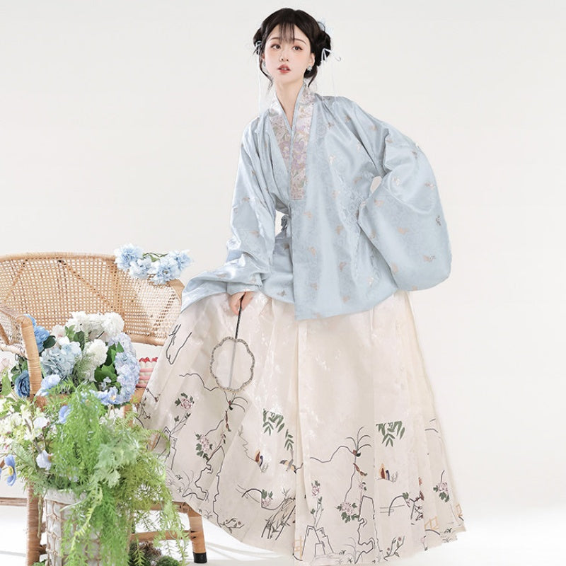Ming Dynasty Hanfu Dress Women - Ice Blue Ivory White Embroidered Traditional Chinese Clothing Flowy Horse-Face Skirt Gown