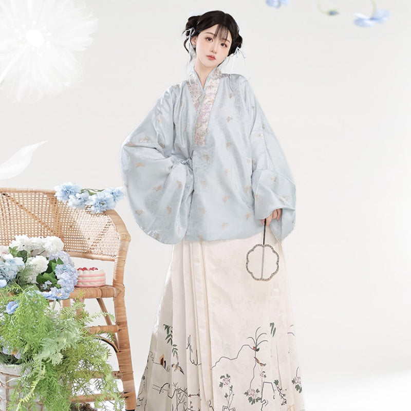 Ming Dynasty Hanfu Dress Women - Ice Blue Ivory White Embroidered Traditional Chinese Clothing Flowy Horse-Face Skirt Gown
