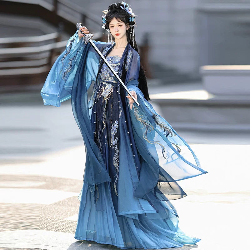 Song Dynasty Hanfu Dress Women - Gradient Blue Embroidered Traditional Chinese Clothing Flowy Elegant Long Gown