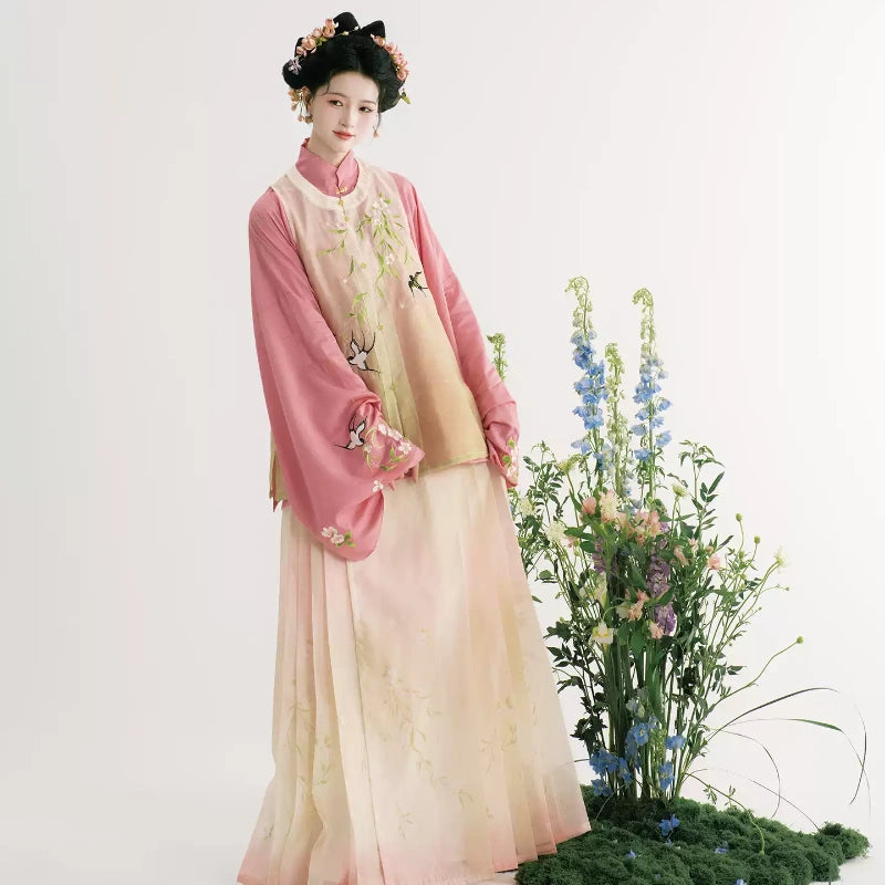 Ming Dynasty Hanfu Dress Women - Cherry Blossom Pink Apricot Embroidered Traditional Chinese Clothing Flowy Long Gown
