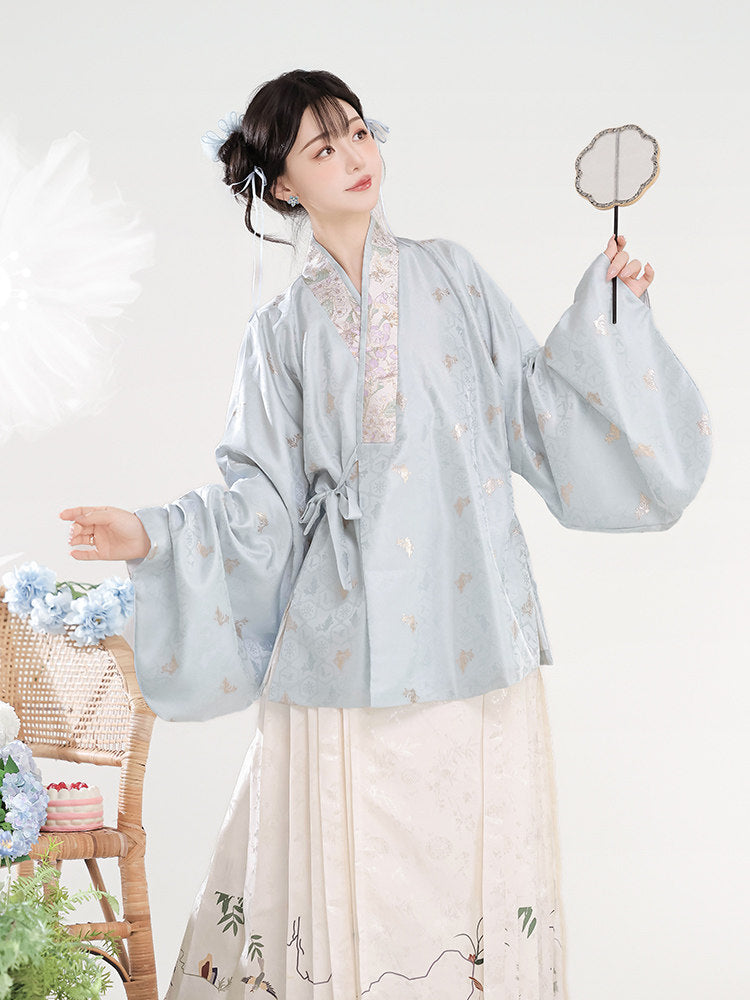 Ming Dynasty Hanfu Dress Women - Ice Blue Ivory White Embroidered Traditional Chinese Clothing Flowy Horse-Face Skirt Gown