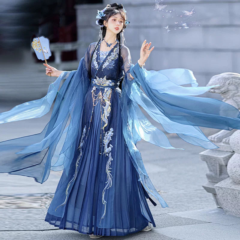 Song Dynasty Hanfu Dress Women - Gradient Blue Embroidered Traditional Chinese Clothing Flowy Elegant Long Gown