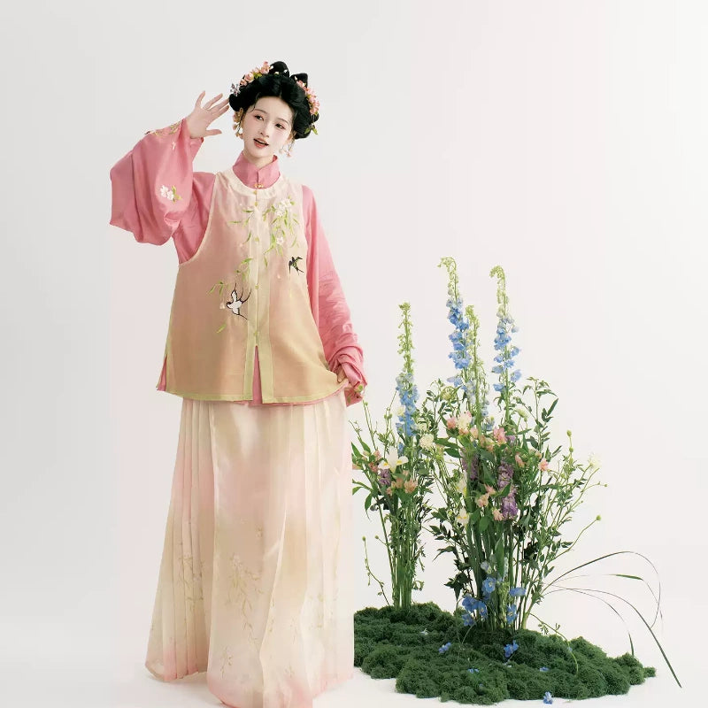 Ming Dynasty Hanfu Dress Women - Cherry Blossom Pink Apricot Embroidered Traditional Chinese Clothing Flowy Long Gown
