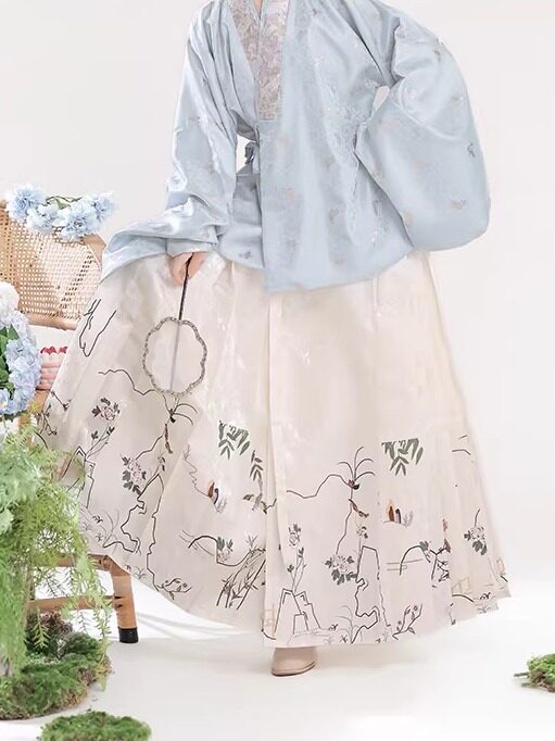 Ming Dynasty Hanfu Dress Women - Ice Blue Ivory White Embroidered Traditional Chinese Clothing Flowy Horse-Face Skirt Gown