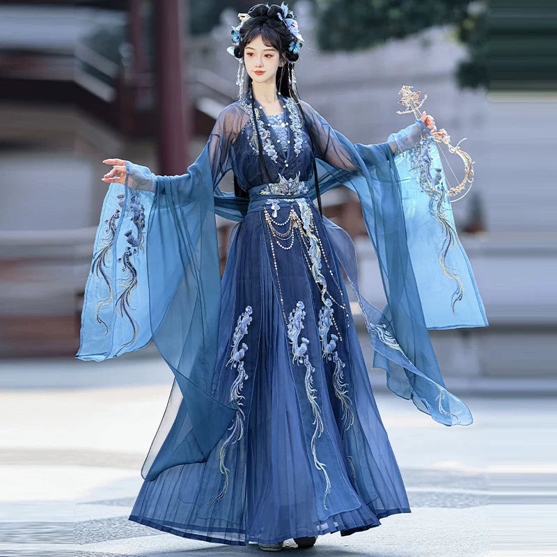 Song Dynasty Hanfu Dress Women - Gradient Blue Embroidered Traditional Chinese Clothing Flowy Elegant Long Gown