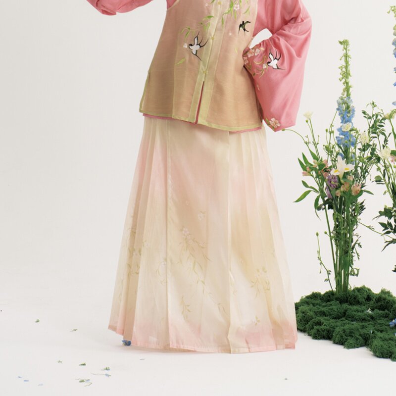 Ming Dynasty Hanfu Dress Women - Cherry Blossom Pink Apricot Embroidered Traditional Chinese Clothing Flowy Long Gown