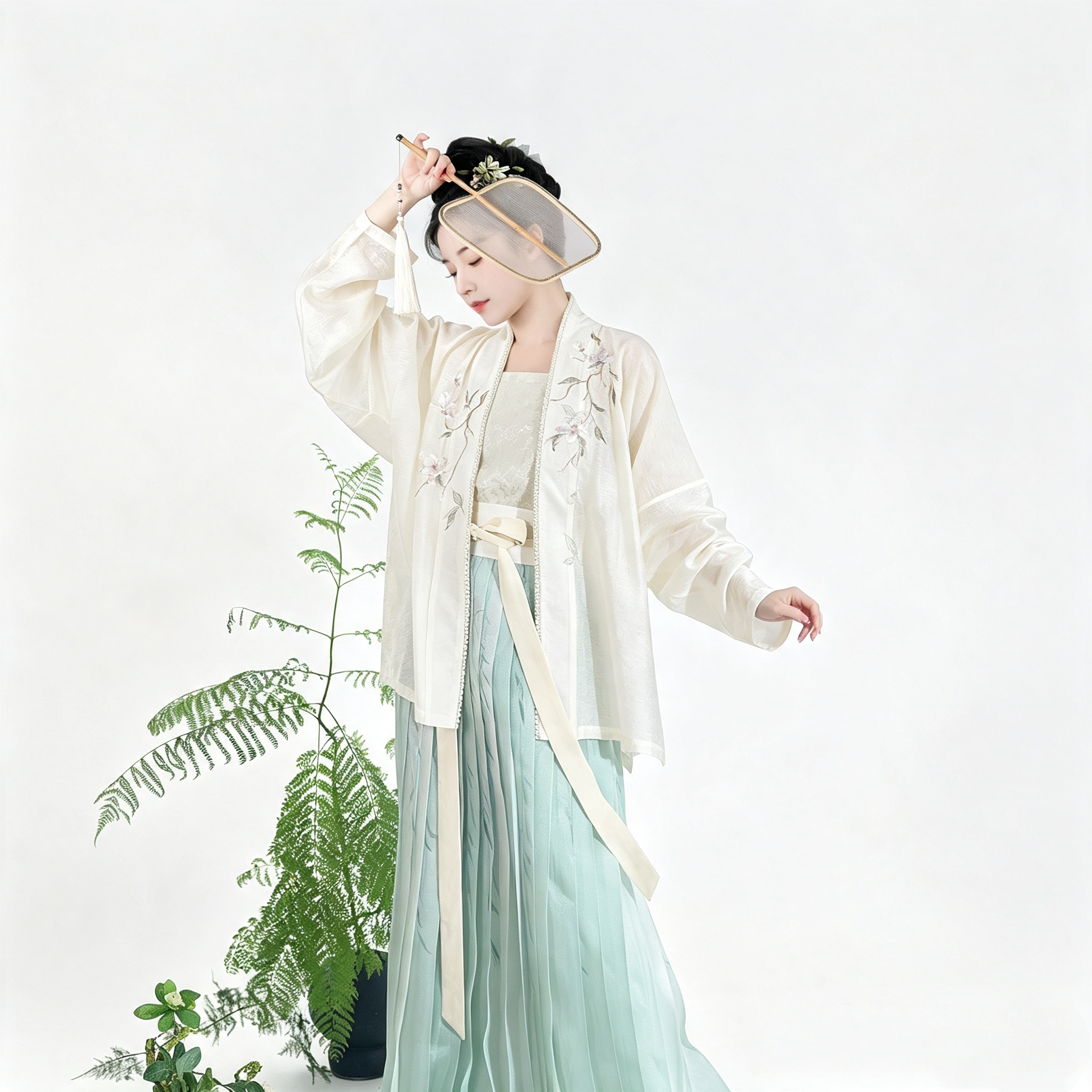 Song Dynasty White Green Hanfu - Pearl Trim Sheer Jacket & Mint Pleated Skirt Set, Ancient Chinese Outfit for Photoshoot & Tea Ceremony