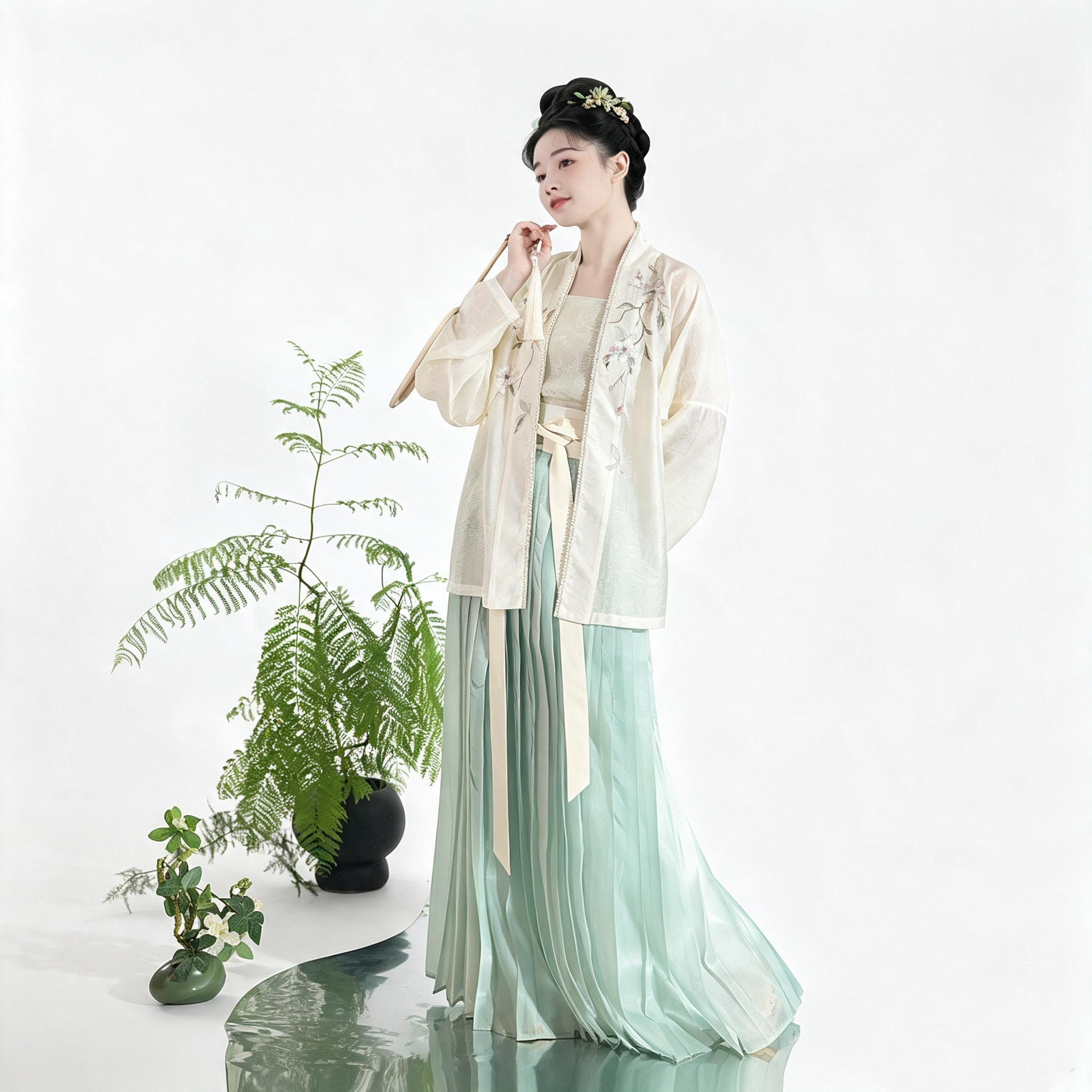 Song Dynasty White Green Hanfu - Pearl Trim Sheer Jacket & Mint Pleated Skirt Set, Ancient Chinese Outfit for Photoshoot & Tea Ceremony