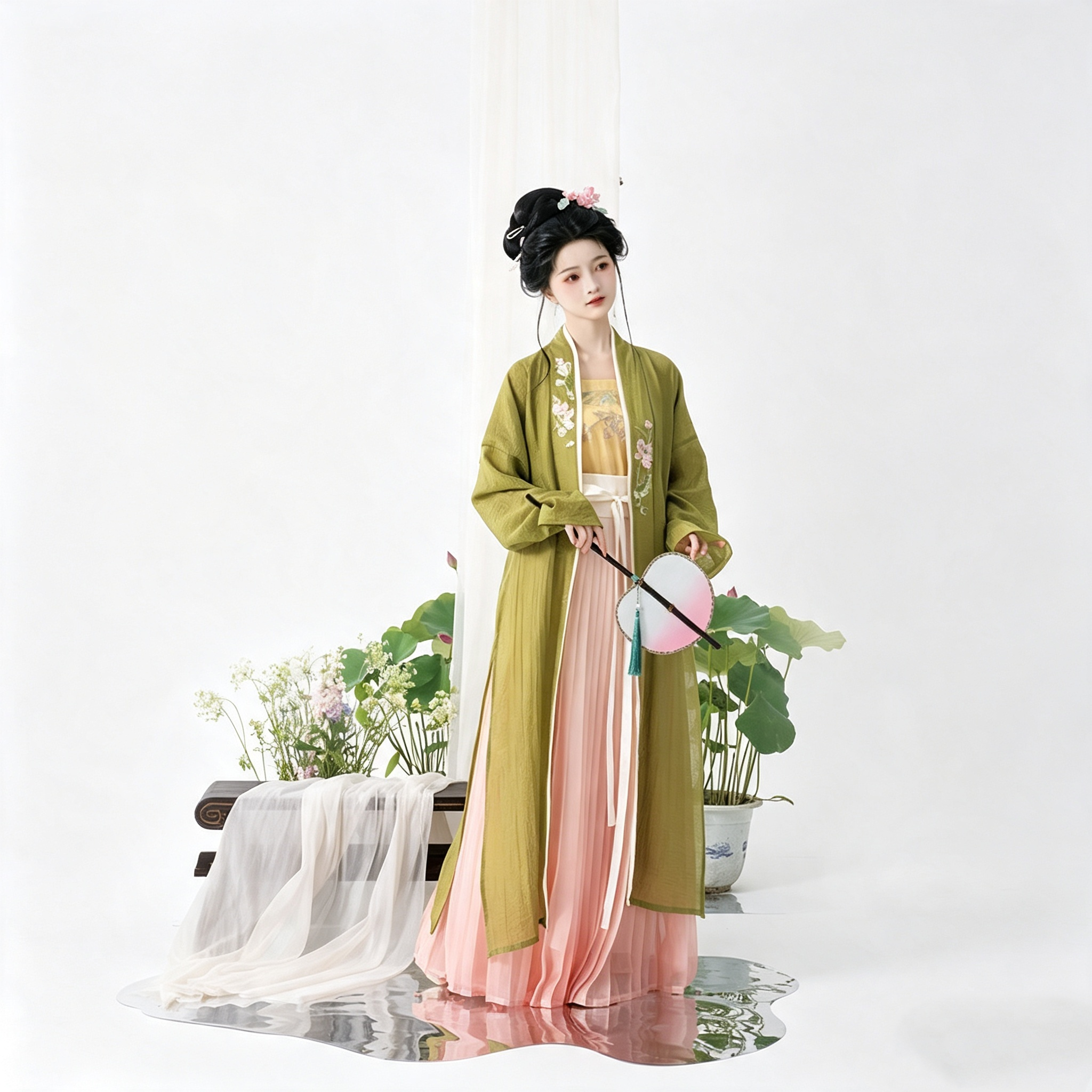 Song Dynasty Hanfu Dress Women - Olive Green Blush Pink Embroidered Traditional Chinese Clothing Flowy Pleated Long Gown