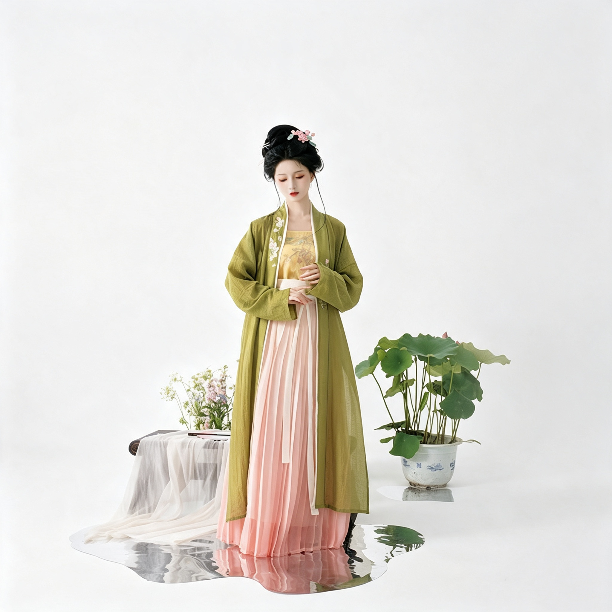 Song Dynasty Hanfu Dress Women - Olive Green Blush Pink Embroidered Traditional Chinese Clothing Flowy Pleated Long Gown