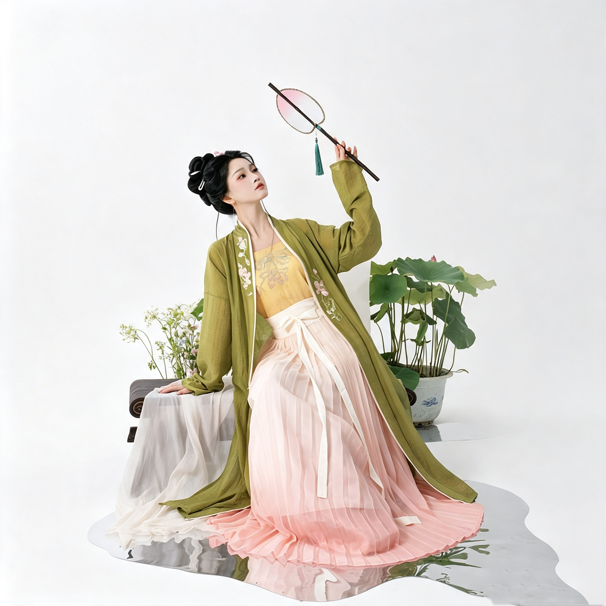 Song Dynasty Hanfu Dress Women - Olive Green Blush Pink Embroidered Traditional Chinese Clothing Flowy Pleated Long Gown