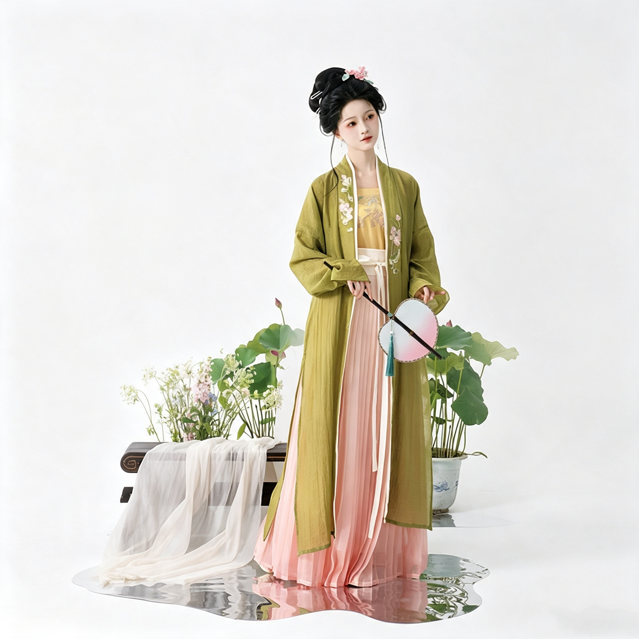 Song Dynasty Hanfu Dress Women - Olive Green Blush Pink Embroidered Traditional Chinese Clothing Flowy Pleated Long Gown