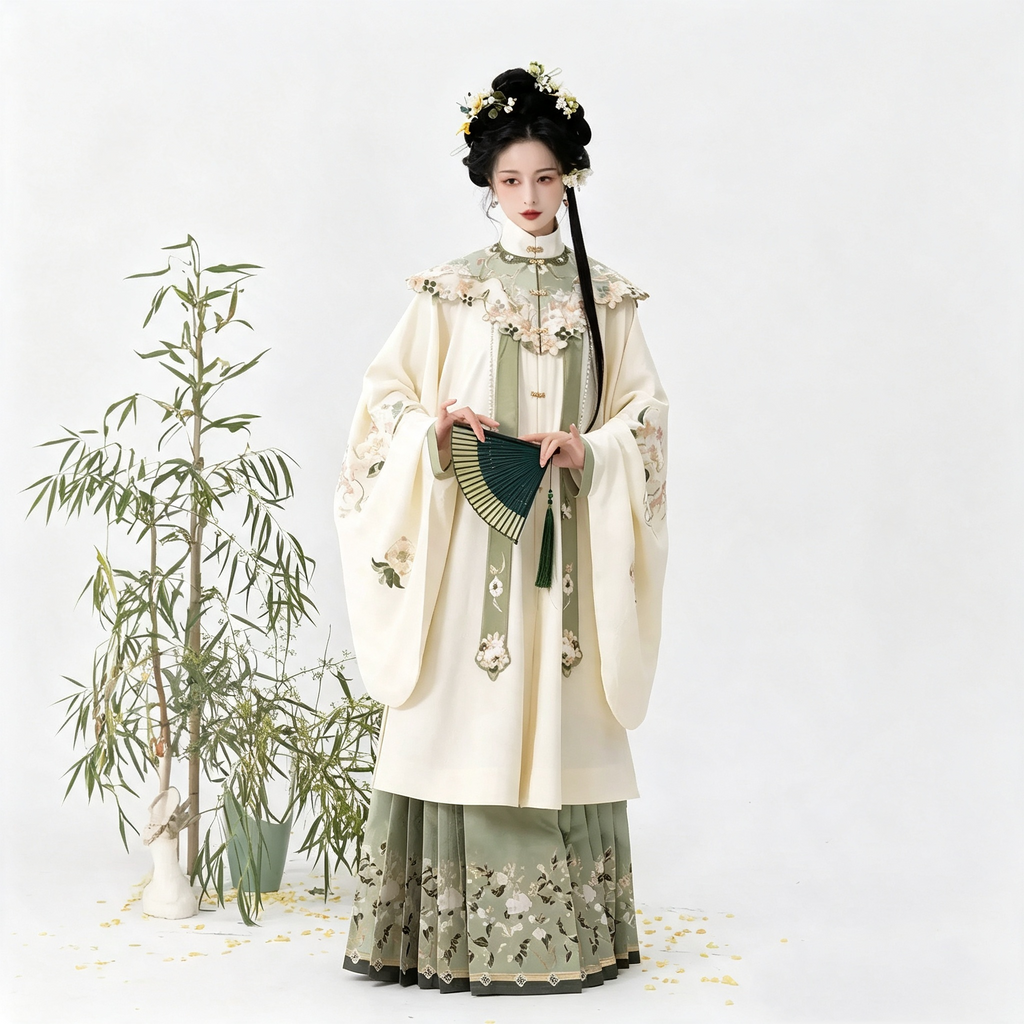Ming Dynasty Hanfu Dress Women - Ivory White Green Cloud Collar Traditional Chinese Clothing Flowy Embroidered Long Gown