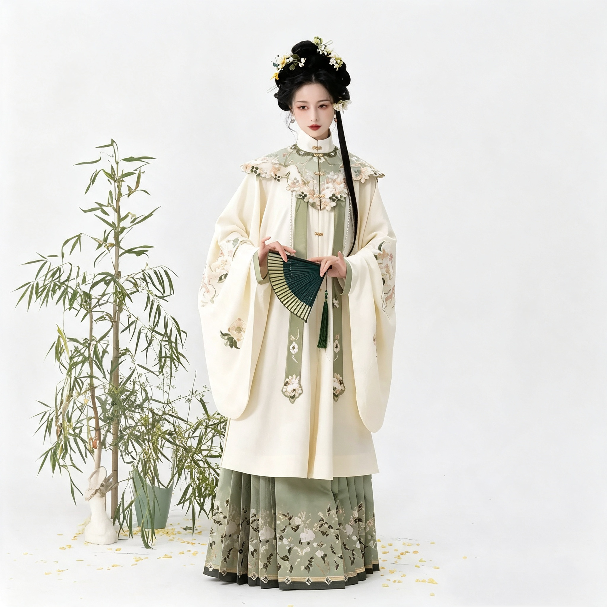 Ming Dynasty Hanfu Dress Women - Ivory White Green Cloud Collar Traditional Chinese Clothing Flowy Embroidered Long Gown