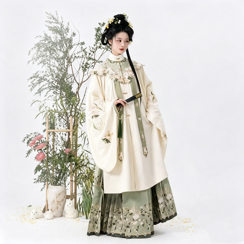 Ming Dynasty Hanfu Dress Women - Ivory White Green Cloud Collar Traditional Chinese Clothing Flowy Embroidered Long Gown
