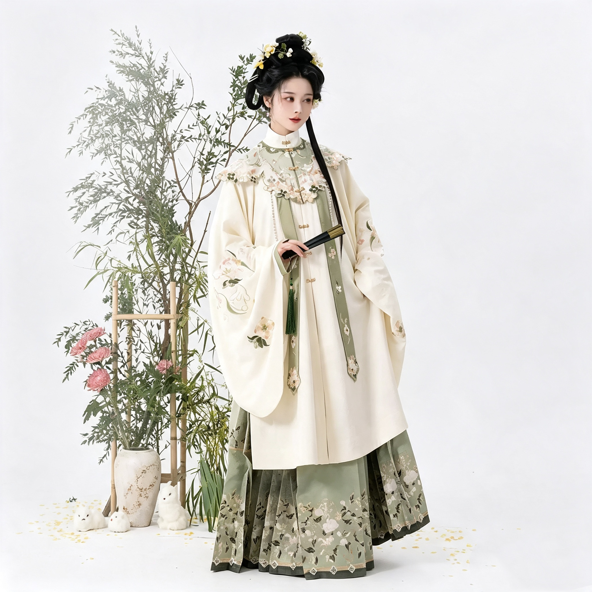 Ming Dynasty Hanfu Dress Women - Ivory White Green Cloud Collar Traditional Chinese Clothing Flowy Embroidered Long Gown