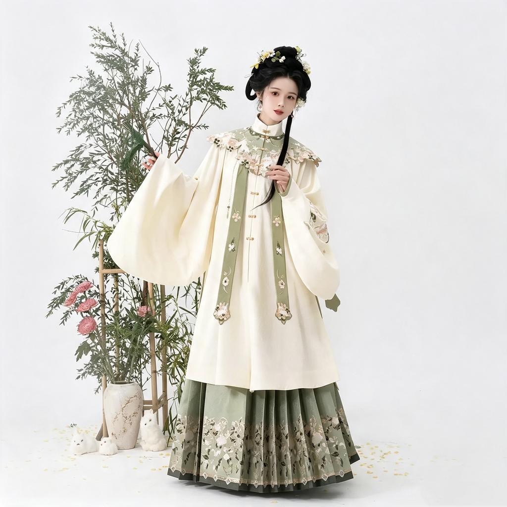 Ming Dynasty Hanfu Dress Women - Ivory White Green Cloud Collar Traditional Chinese Clothing Flowy Embroidered Long Gown