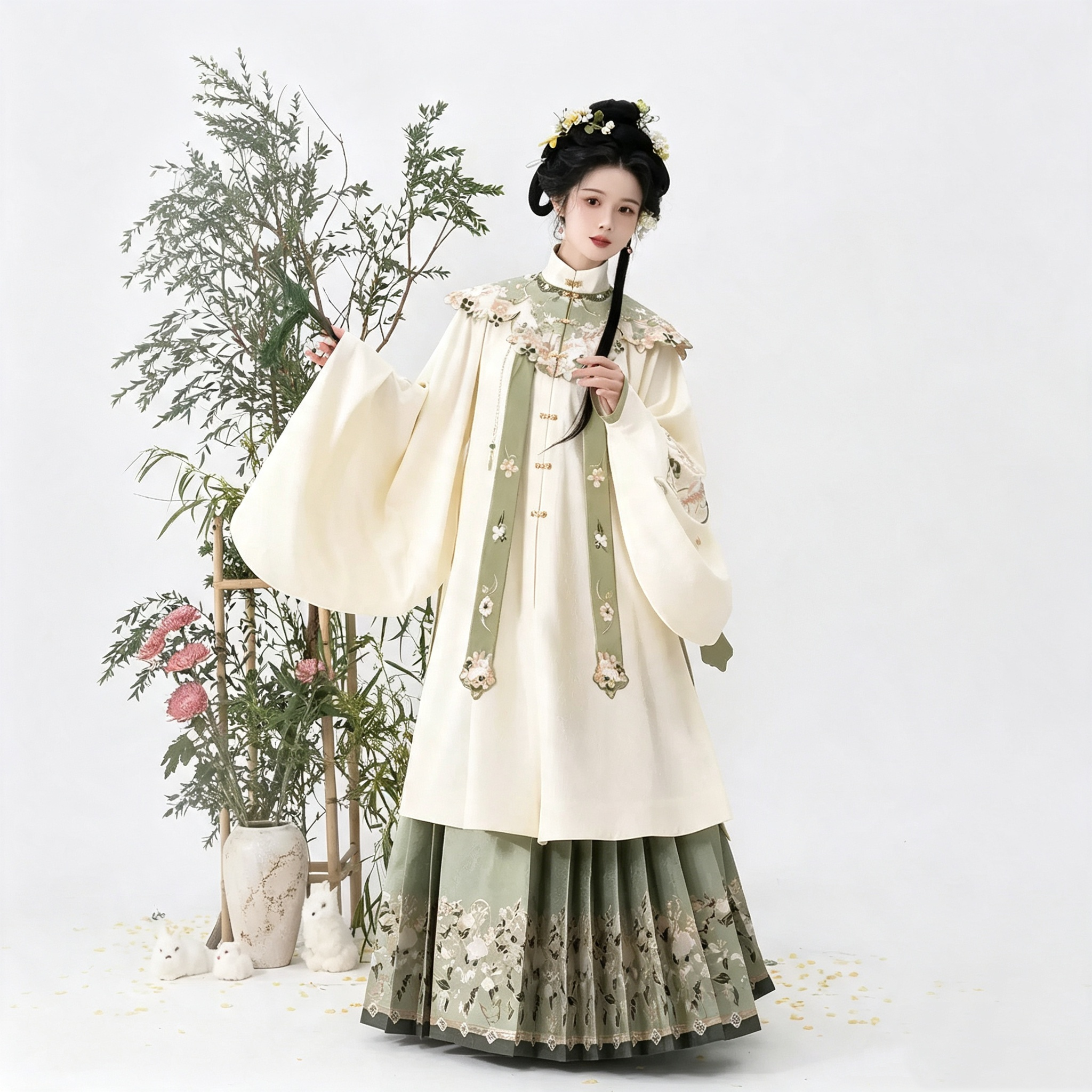Ming Dynasty Hanfu Dress Women - Ivory White Green Cloud Collar Traditional Chinese Clothing Flowy Embroidered Long Gown