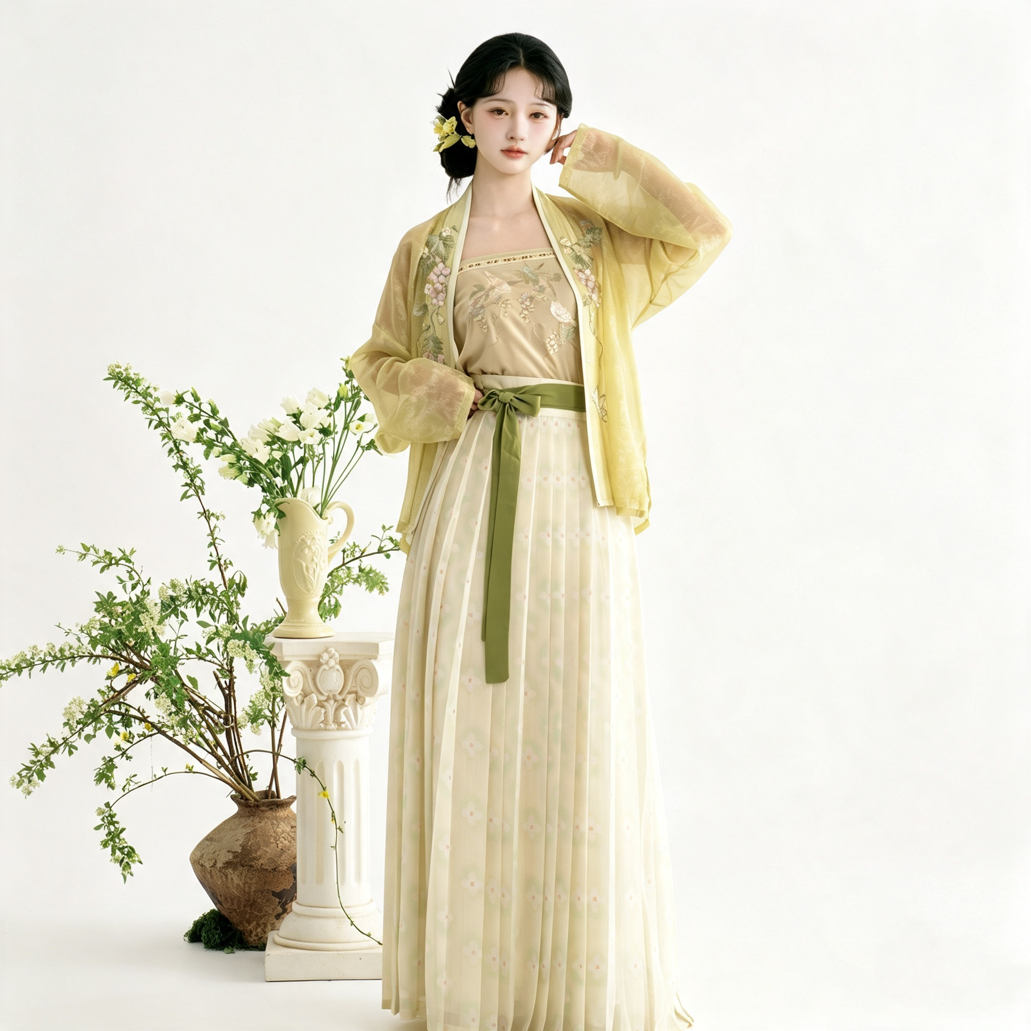 Song Dynasty Hanfu Dress Women - Pale Yellow Sage Green Embroidered Traditional Chinese Clothing Flowy Pleated Long Gown