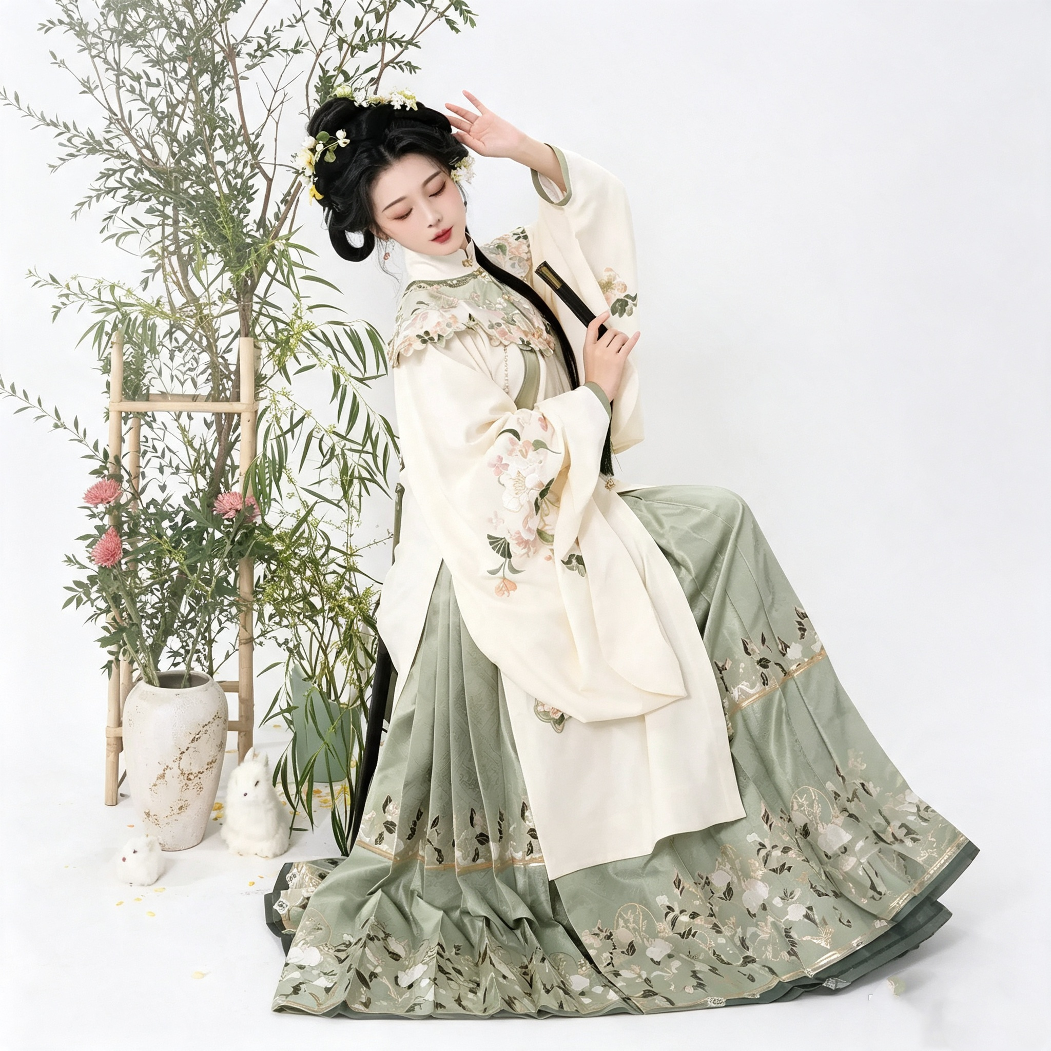 Ming Dynasty Hanfu Dress Women - Ivory White Green Cloud Collar Traditional Chinese Clothing Flowy Embroidered Long Gown