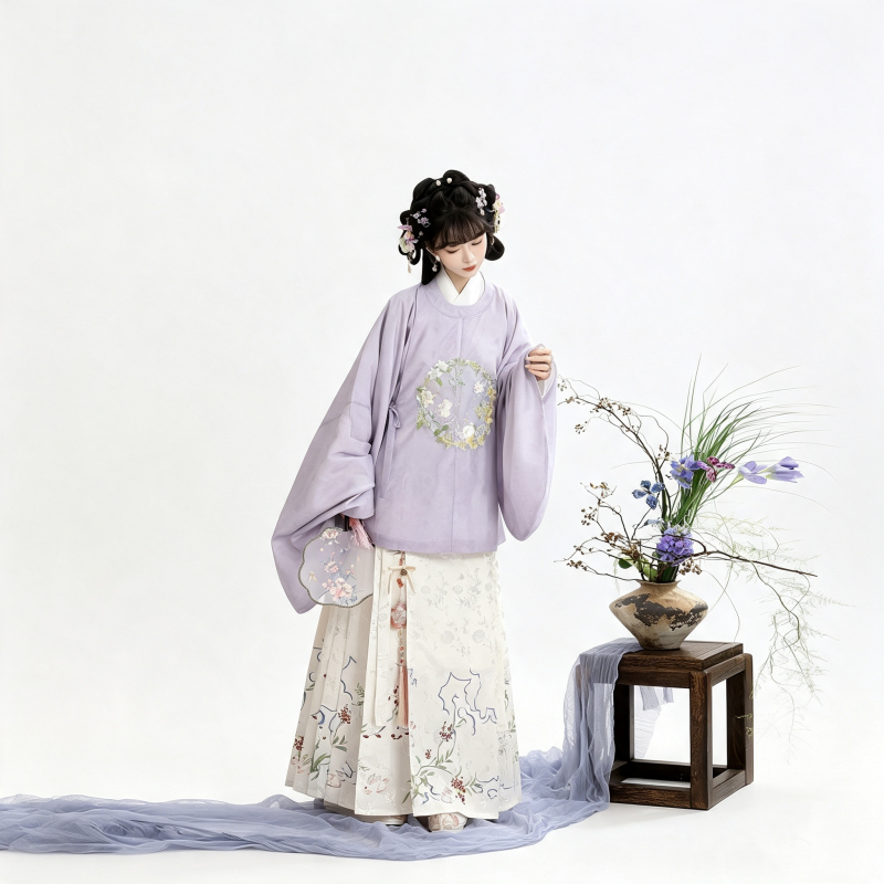 Ming Dynasty Hanfu Dress Women - Lavender Purple Ivory White Embroidered Traditional Chinese Clothing Flowy Horse-Face Skirt Gown