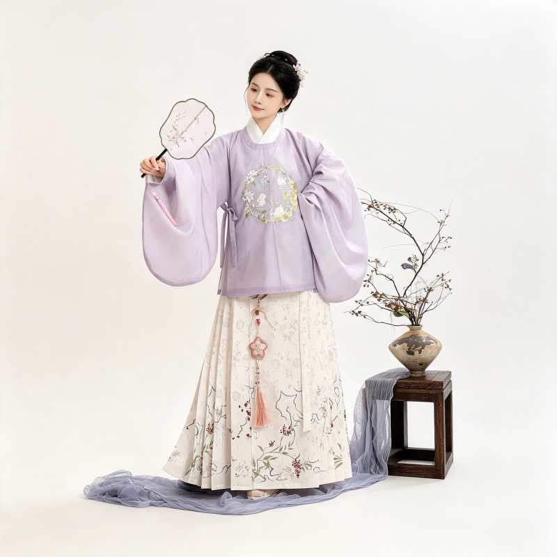 Ming Dynasty Hanfu Dress Women - Lavender Purple Ivory White Embroidered Traditional Chinese Clothing Flowy Horse-Face Skirt Gown
