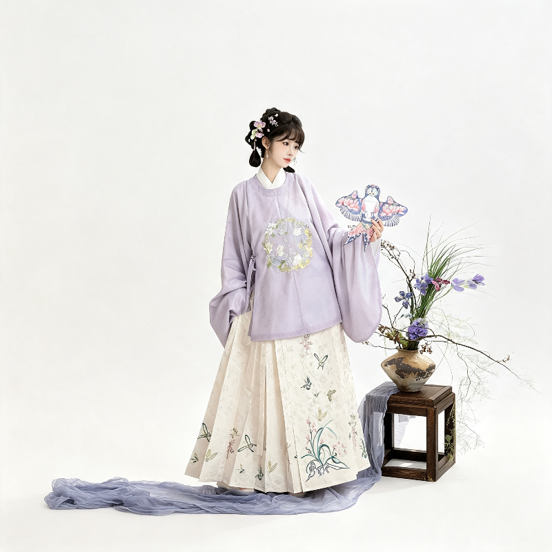Ming Dynasty Hanfu Dress Women - Lavender Purple Ivory White Embroidered Traditional Chinese Clothing Flowy Horse-Face Skirt Gown