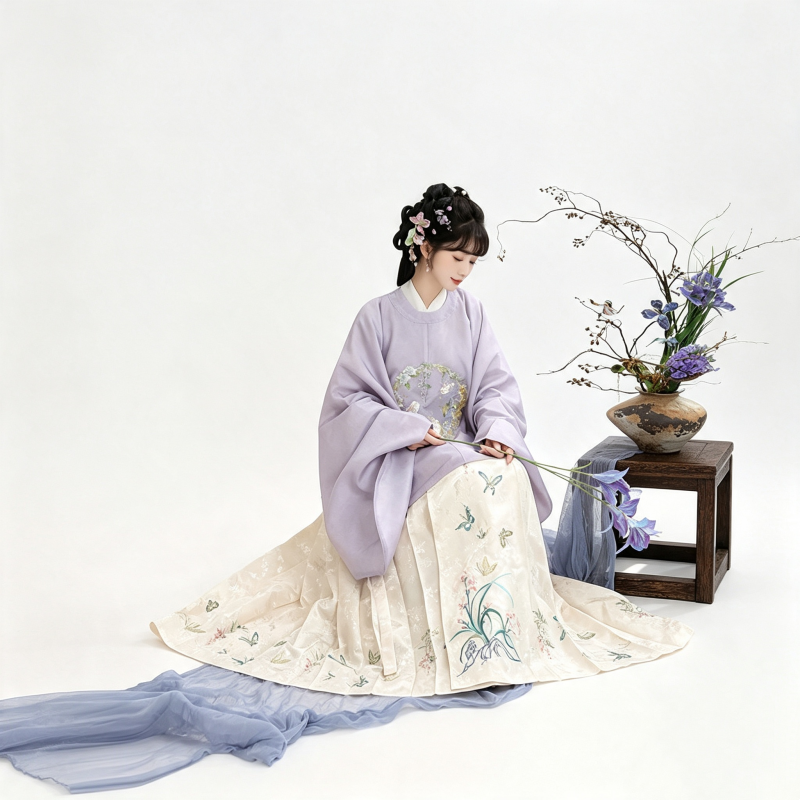 Ming Dynasty Hanfu Dress Women - Lavender Purple Ivory White Embroidered Traditional Chinese Clothing Flowy Horse-Face Skirt Gown