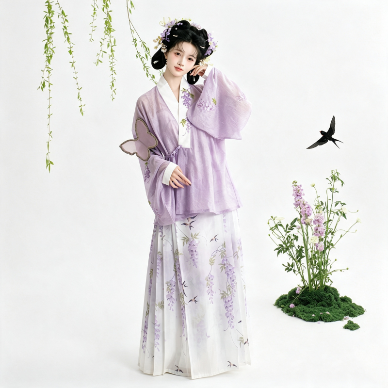 Ming Dynasty Hanfu Dress Women - Lavender Purple Wisteria Embroidered Traditional Chinese Clothing Flowy Horse-Face Skirt Gown