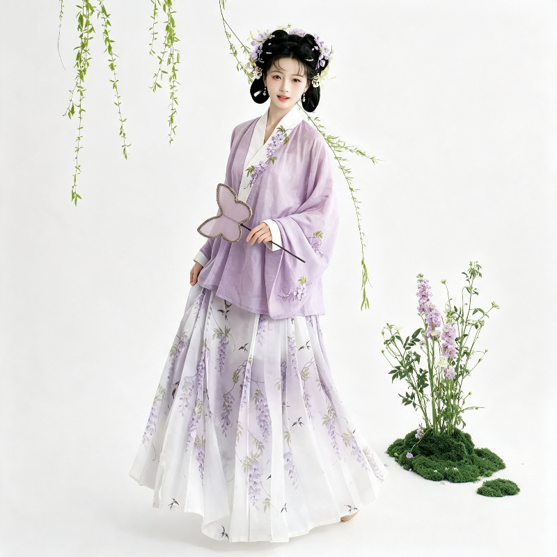 Ming Dynasty Hanfu Dress Women - Lavender Purple Wisteria Embroidered Traditional Chinese Clothing Flowy Horse-Face Skirt Gown