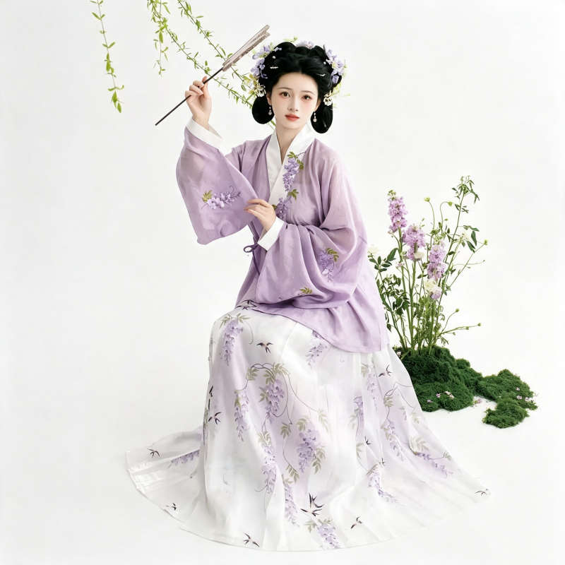 Ming Dynasty Hanfu Dress Women - Lavender Purple Wisteria Embroidered Traditional Chinese Clothing Flowy Horse-Face Skirt Gown