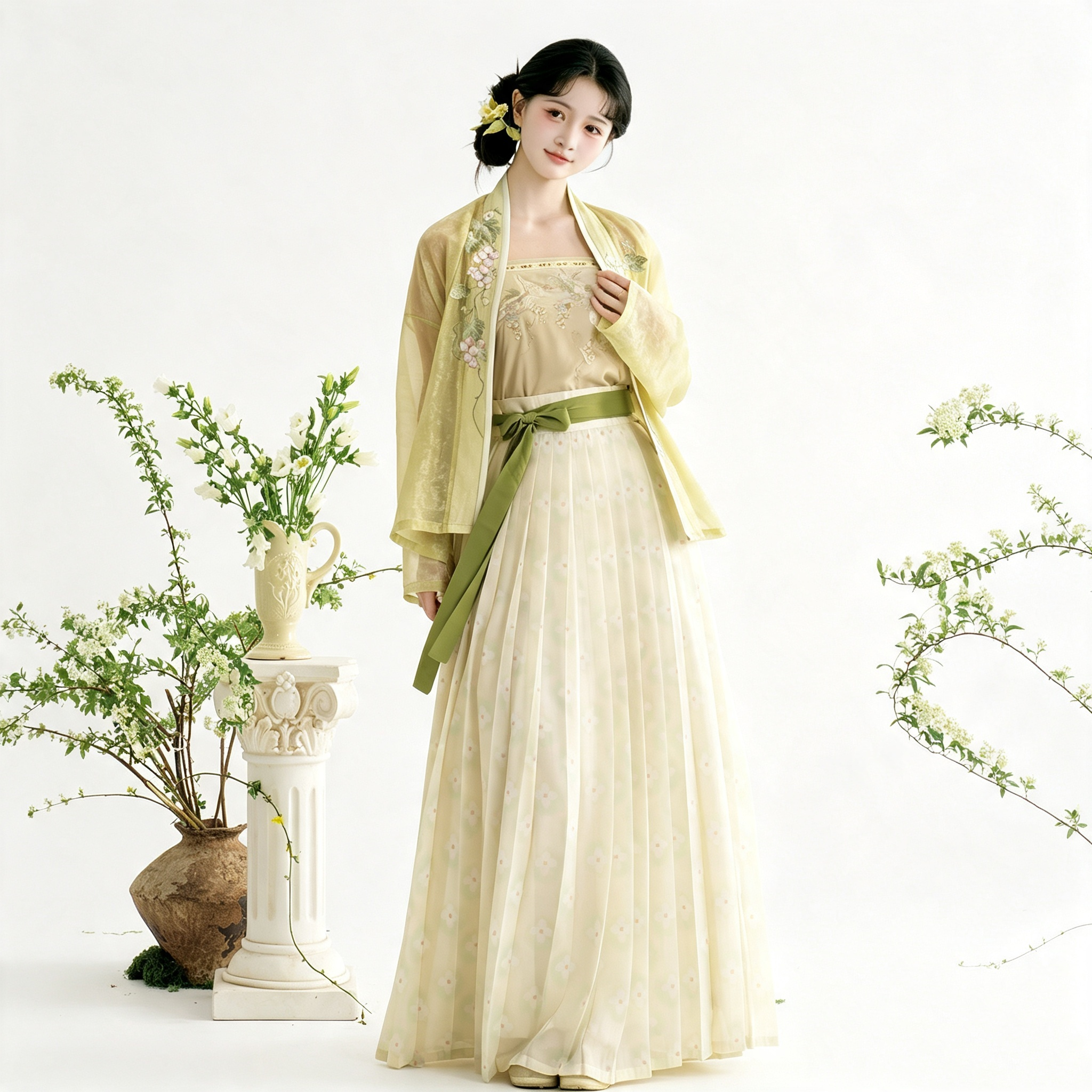 Song Dynasty Hanfu Dress Women - Pale Yellow Sage Green Embroidered Traditional Chinese Clothing Flowy Pleated Long Gown