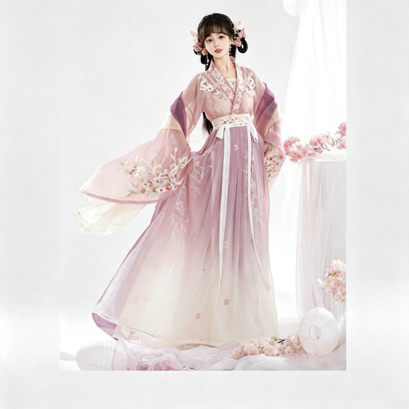 Wei Jin Dynasty Hanfu Dress Women - Dusty Rose Mauve Embroidered Traditional Chinese Clothing Flowy Gradient Long Gown