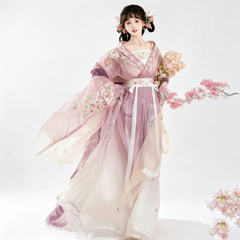 Wei Jin Dynasty Hanfu Dress Women - Dusty Rose Mauve Embroidered Traditional Chinese Clothing Flowy Gradient Long Gown
