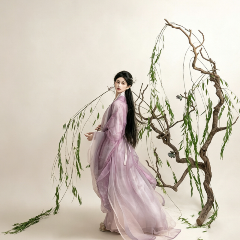 Wei Jin Dynasty Hanfu Dress Women - Lilac Purple White Embroidered Traditional Chinese Clothing Flowy Wide Sleeve Gown
