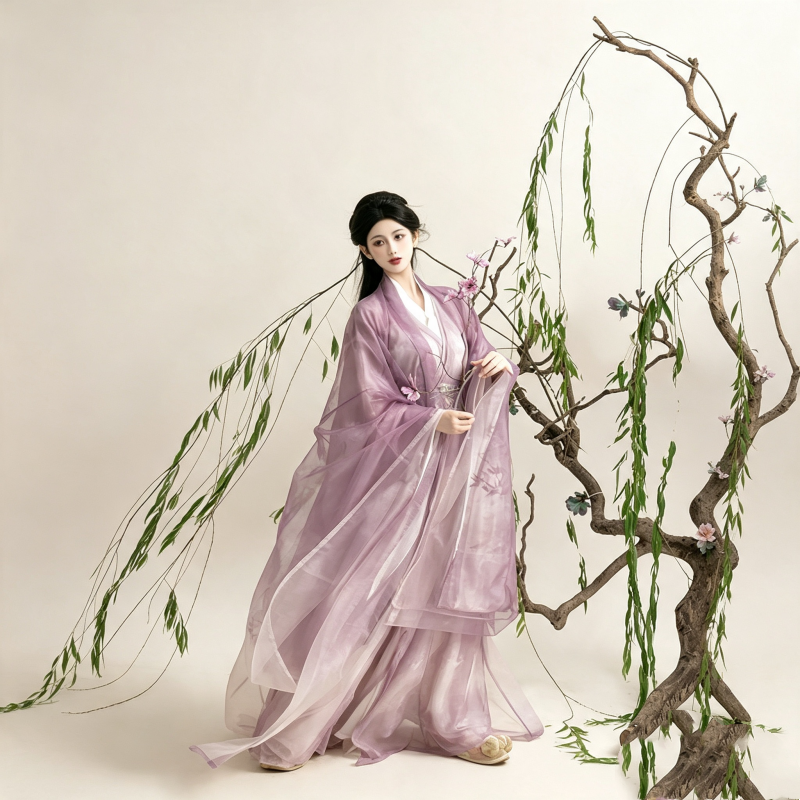 Wei Jin Dynasty Hanfu Dress Women - Lilac Purple White Embroidered Traditional Chinese Clothing Flowy Wide Sleeve Gown