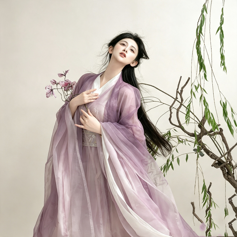 Wei Jin Dynasty Hanfu Dress Women - Lilac Purple White Embroidered Traditional Chinese Clothing Flowy Wide Sleeve Gown