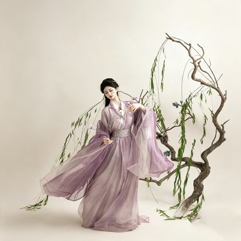 Wei Jin Dynasty Hanfu Dress Women - Lilac Purple White Embroidered Traditional Chinese Clothing Flowy Wide Sleeve Gown