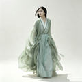 Wei Jin Dynasty Hanfu Dress Women - Sage Green Bamboo Linen Traditional Chinese Clothing Flowy Wide Sleeve Gown