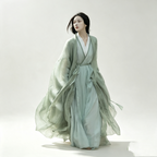 Wei Jin Dynasty Hanfu Dress Women - Sage Green Bamboo Linen Traditional Chinese Clothing Flowy Wide Sleeve Gown