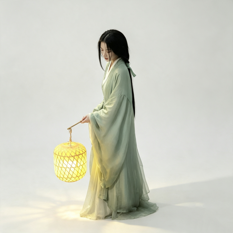 Wei Jin Dynasty Hanfu Dress Women - Sage Green Bamboo Linen Traditional Chinese Clothing Flowy Wide Sleeve Gown